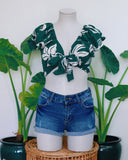 Tropical green tie front crop top guava honey hawaii women's clothing blue jean shorts